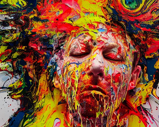 Image similar to abstract expressionist portrait of a head made of very thick impasto paint and acrylic pour and coloured powder explosion and splashing paint and dripping paint and flying paint chunks, eyes closed or not visible, expressing strong emotions, art by antony micallef, motion blur, hyperrealistic, intricate art photography, anatomically correct, realistic crisp textures, 1 6 k