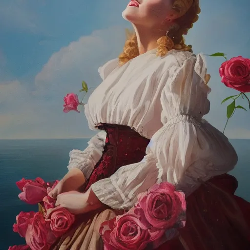 Prompt: a painting of a wonderful lady dressed with a large and decorate majestic roses cotton dress that is coming out from a ocean, dramatic light, octane--8k