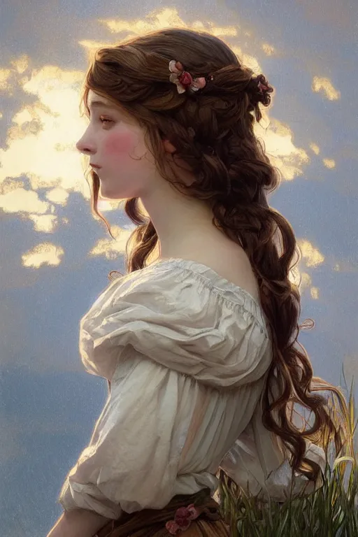 Image similar to beautiful cottagecore young peasant maiden, innocent, intricate, elegant, highly detailed, digital painting, artstation, concept art, smooth, sharp focus, illustration, art by artgerm and greg rutkowski and alphonse mucha