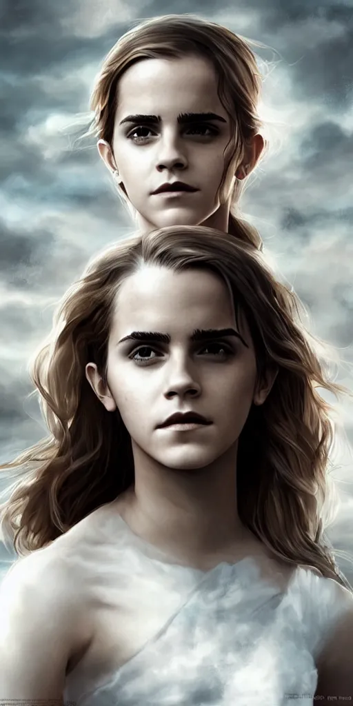 Image similar to emma watson by wlop. artstation contest winner, cinematic paint. lower shot. dramatic cloud in background.