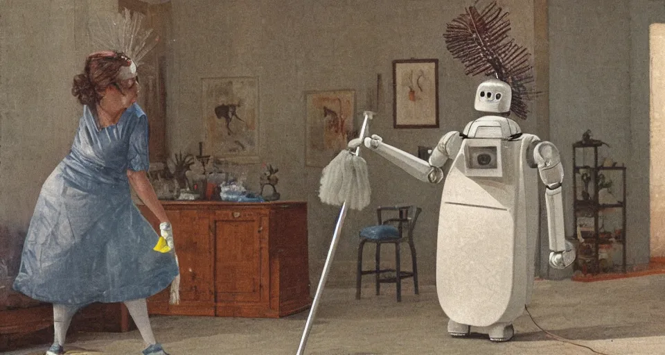 Image similar to a robot wearing a pini, cleaning the house with a feather duster