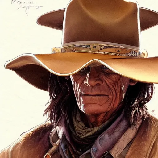 Image similar to a man, lance henriksen, cowboy hat, portrait, wild west, fantasy, highly detailed, digital painting, artstation, concept art, sharp focus, illustration, art by artgerm and greg rutkowski and alphonse mucha