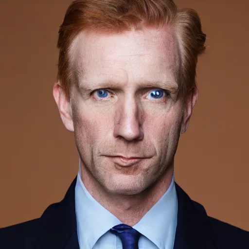 Prompt: full color photograph of an angelic ginger man in his 40s, greenish blue eyes, small nose, clean shaven, no wrinkles, tall, wearing a white shirt and elegant gray dress jacket, looking into the distance