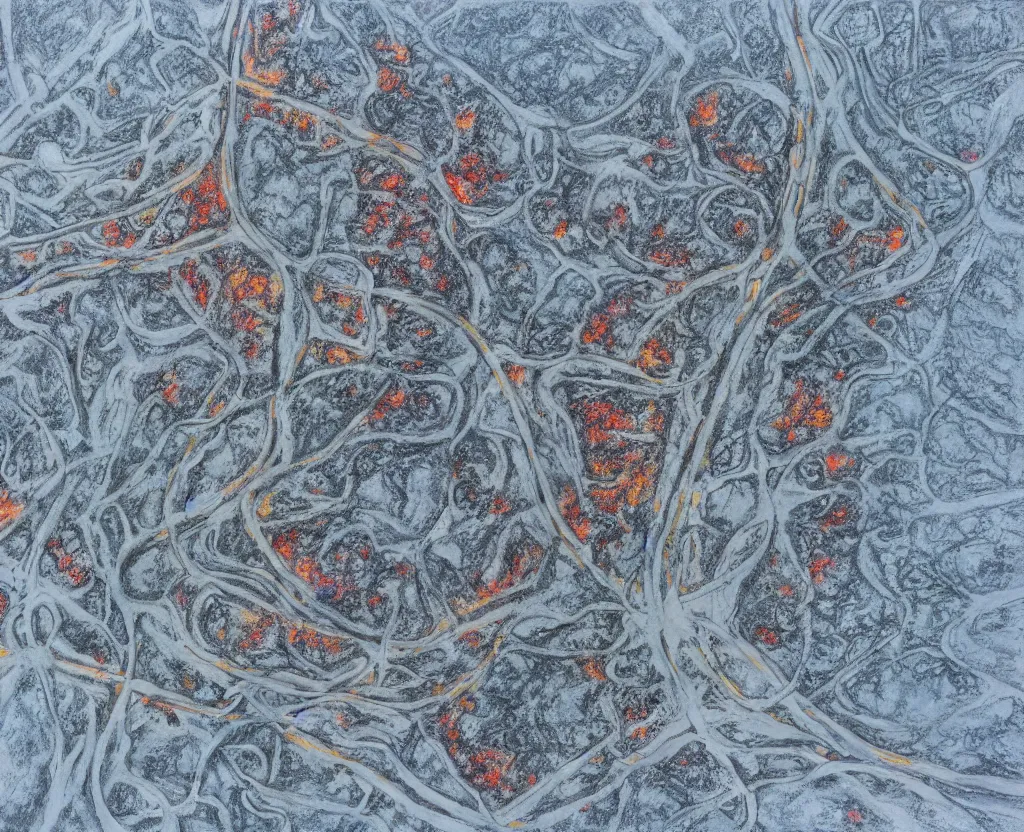 Prompt: Icy road meandering through fields of fire, aerial view, detailed coloured pencil drawing