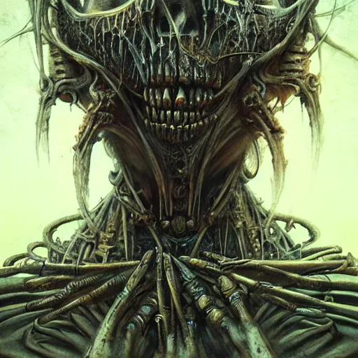 Image similar to a portrait of a beautiful biomechanical queen of necropolis, horror concept art by giger and beksinski and szukalski and wlop and pete mohrbacher, digital art, highly detailed, intricate, sci-fi, sharp focus, Trending on Artstation HQ, deviantart, unreal engine 5, 4K UHD image