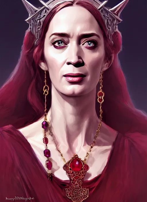 Image similar to portrait of emily blunt as witch queen, jewelry, greek, ruby, victorian age, 1 8 9 0, intricate, headshot, key visual, conceptart, ambient lighting, highly detailed, digital painting, artstation, concept art, sharp focus, by makoto shinkai and akihiko yoshida and greg manchess