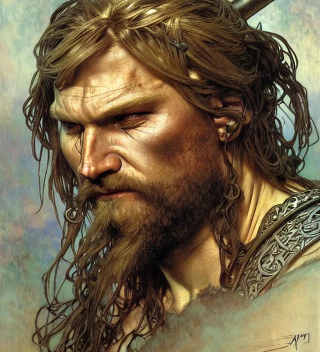 Prompt: realistic detailed face portrait of a rugged viking warrior in heavy armor by alphonse mucha, ayami kojima, amano, greg hildebrandt, and mark brooks, male, masculine, art nouveau, neo - gothic, gothic, character concept design