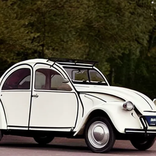 Prompt: A Citroën 2CV produced by Volkswagen in the production year of 1949, promotional photo