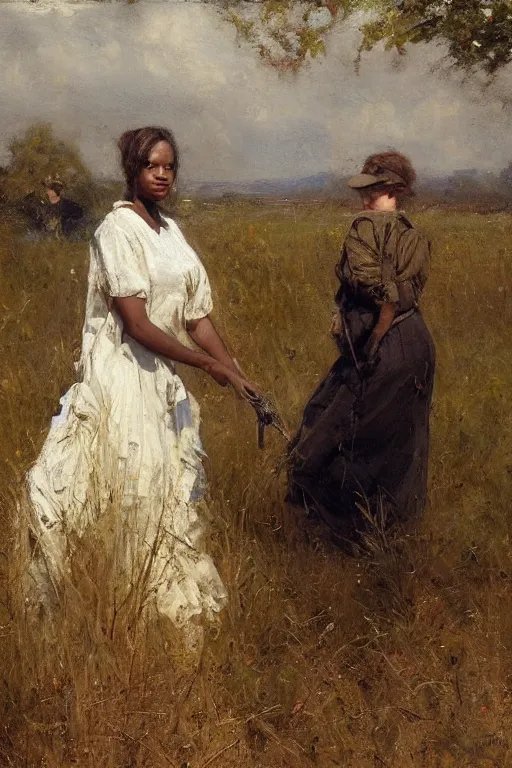 Image similar to Solomon Joseph Solomon and Richard Schmid and Jeremy Lipking painting full length portrait painting of a young woman going to work in the field