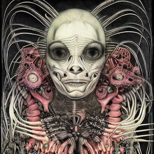 Image similar to post - punk new age pop album cover, asymmetrical design, alien, magic, apocalypse, psychedelic, highly detailed, black white pink, magic, giger h. r., giuseppe arcimboldo