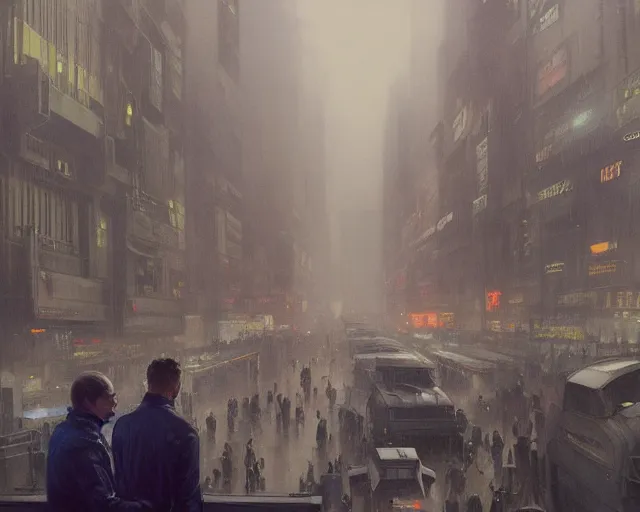 Image similar to 2 0 1 8 blade runner movie still man look at the cityscape from roof perfect face fine realistic face pretty face neon puffy jacket blue futuristic sci - fi elegant by denis villeneuve tom anders zorn hans dragan bibin thoma greg rutkowski ismail inceoglu illustrated sand storm alphonse mucha