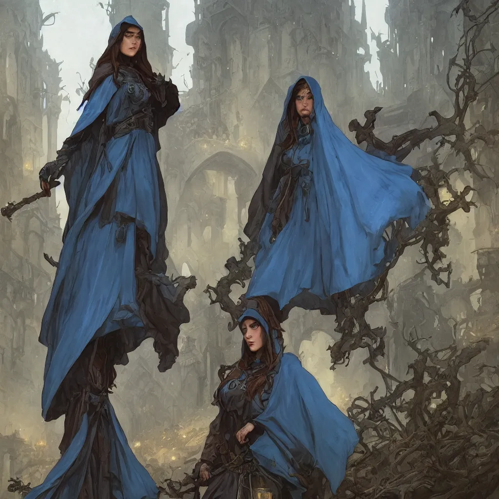 Prompt: a female wizard with brown hair wearing a blue hood and blue robe exploring a dark and sinister medieval village, fantasy, highly detailed, digital painting, artstation, concept art, character art, art by greg rutkowski and tyler jacobson and alphonse mucha