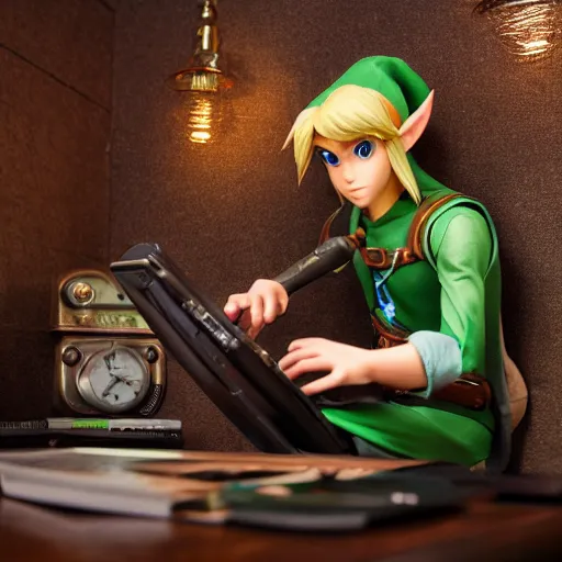 Prompt: Link from Zelda, sitting at a desk programming on a computer, close-up shot, cozy, indoor lighting, hyperdetailed, high resolution, insanely detailed and intricate, Yusuke Nakano