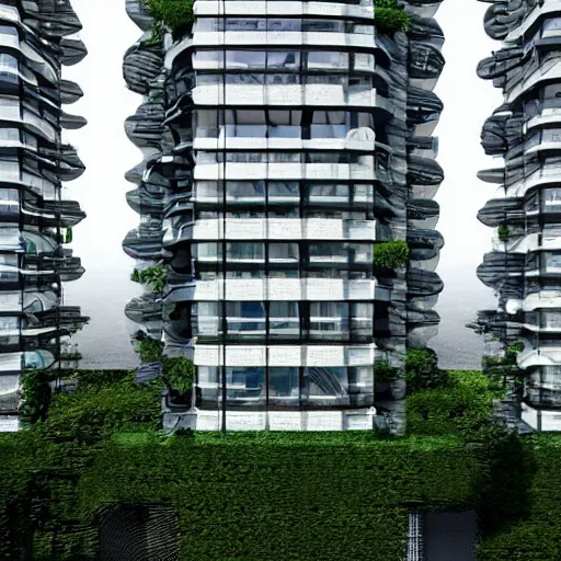 Image similar to highly detailed futuristic modern buildings with plants growing all over