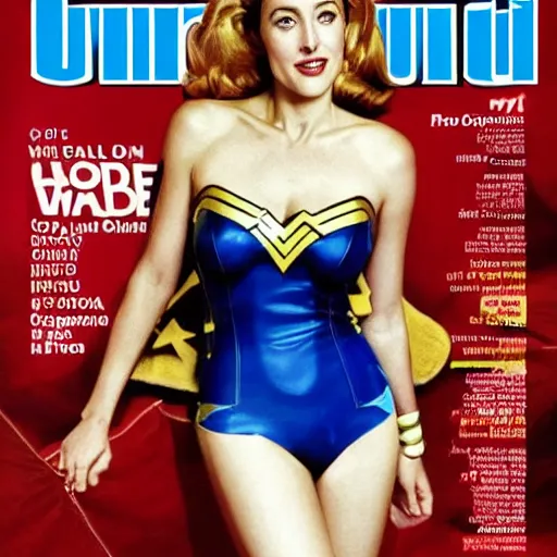 Prompt: photo of a gorgeous Gillian Anderson as wonder woman on the cover of swimsuit illustrated 1960 by Mario Testino, detailed, award winning, Sony a7R -