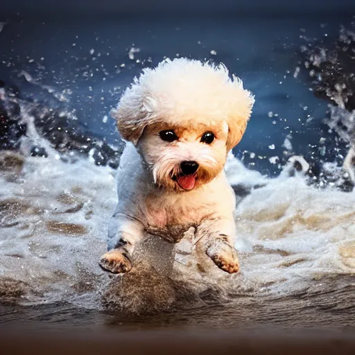 Image similar to a closeup photorealistic photograph of a cute smiling tiger bichon puppy splashing in the surf during sunset. professional capture, well lit shot. this 4 k hd image is trending on artstation, featured on behance, well - rendered, extra crisp, features intricate detail, epic composition and the style of unreal engine.