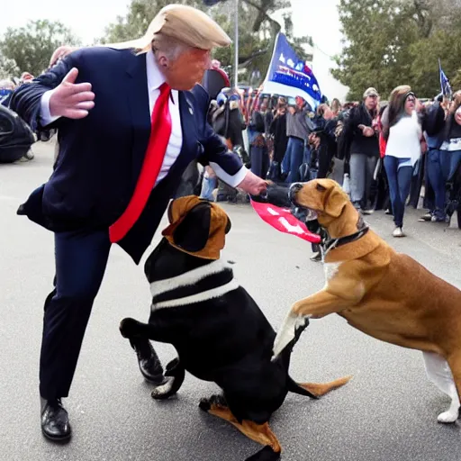 Prompt: beagle getting into fist fight with trump supporter