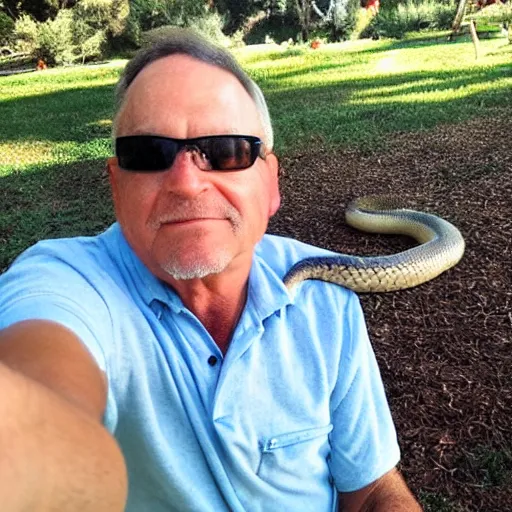 Prompt: my dad taking a selfie with the snake he caught in the backyard
