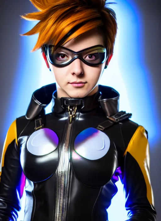 Image similar to hyperrealistic style portrait of tracer overwatch, confident pose, wearing black iridescent rainbow latex, 4 k, expressive happy smug expression, makeup, in style of mark arian, wearing detailed black leather collar, wearing sleek armor, black leather harness, expressive detailed face and eyes,