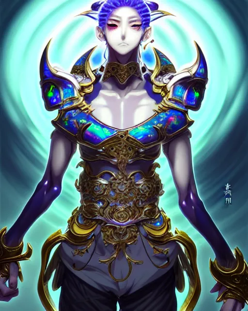 Image similar to anime portrait of an iridescent opal cyborg shinobi, intricate ornate details, morandi color scheme, fantasy, elegant, highly detailed, wide angle, digital painting, artstation, concept art, smooth, sharp focus, illustration, wallpaper, dynamic pose, splash art, league of legends, art by artgerm and greg rutkowski and bo chen and jin xiaodi