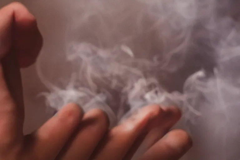 Prompt: Close-up of thin soft hand, five fingers, hand with cigarette with smoke, hand with five fingers, hyper realistic, high details, photo, super resolution