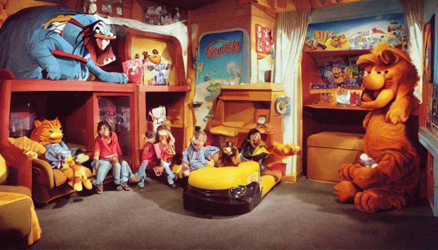 Image similar to 1990s photo of inside the Garfield's Wild Dream ride at Universal Studios in Orlando, Florida, children riding a box with a blanket, with Garfield the cartoon cat, through Jon's living room filled lasagna, coffee cups, and a big lava lamp, cinematic, UHD