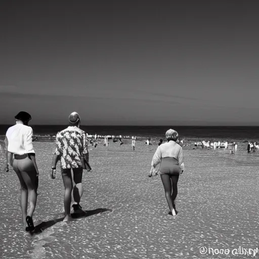 Image similar to walking on the beaches looking at the peaches in the style of SKA, monochrome, 1980s style