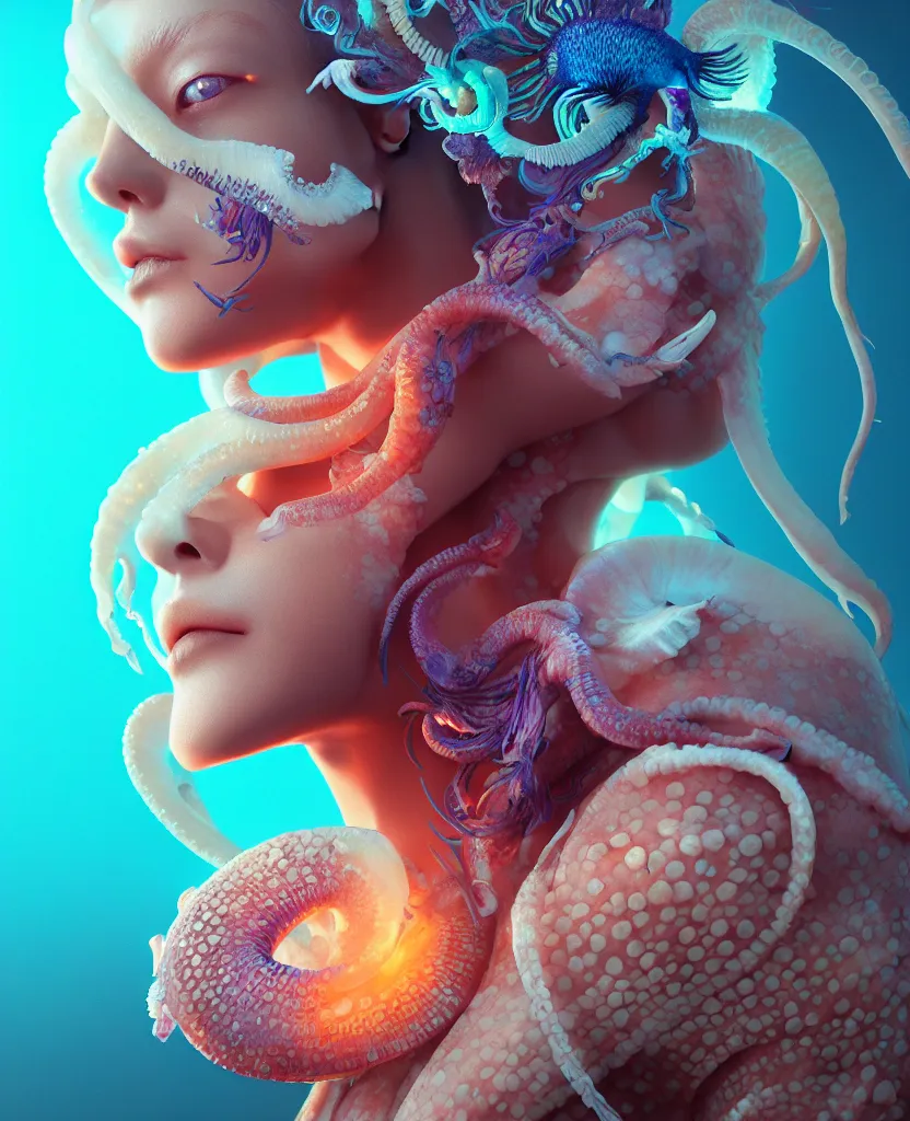 Image similar to goddess close - up portrait, ram skull, squid phoenix jellyfish, orchid, betta fish, bioluminiscent, intricate artwork by tooth wu and wlop and beeple. octane render, trending on artstation, greg rutkowski very coherent symmetrical artwork. cinematic, hyper realism, high detail, octane render, 8 k