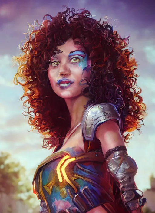 Image similar to an epic fantasy comic book style portrait painting of a girl wearing colorful makeup with a smile and curly brown hair stepping out of a doorway with light shining behind her, unreal 5, daz, hyperrealistic, octane render, cosplay, rpg portrait, dynamic lighting