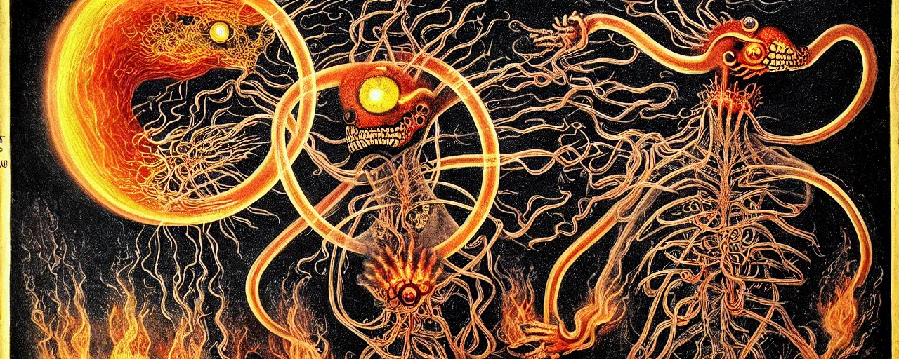 Image similar to a strange fire creature with endearing eyes radiates a unique canto'as above so below'while being ignited by the spirit of haeckel and robert fludd, breakthrough is iminent, glory be to the magic within, in honor of saturn, painted by ronny khalil