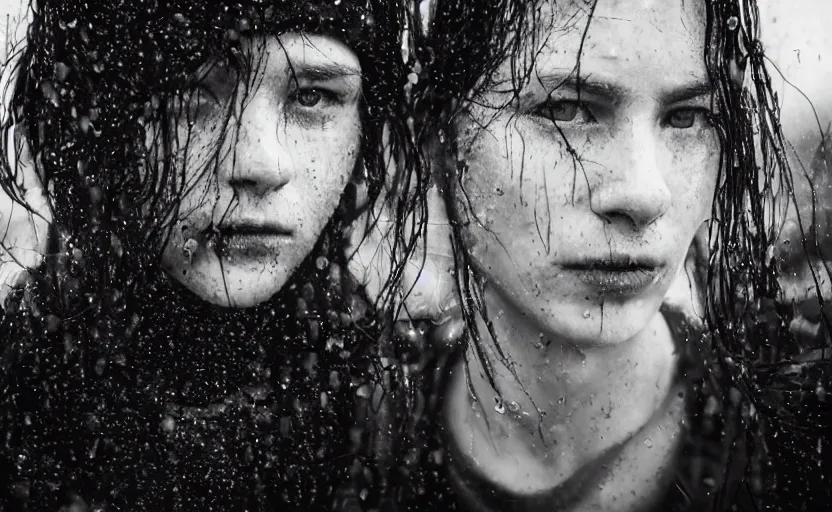 Image similar to cinestill 5 0 d candid photographic portrait by christopher nolan of two loving female androids wearing rugged black mesh techwear in treacherous waters, extreme closeup, modern cyberpunk moody emotional cinematic, pouring rain, 8 k, hd, high resolution, 3 5 mm, f / 3 2, ultra realistic faces, ex machina