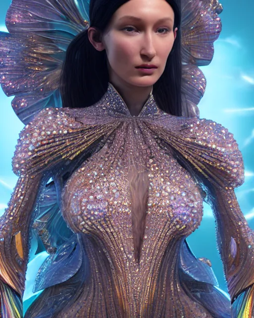 Image similar to a highly detailed metahuman 8 k close up render of bella hadid evangelion renaissance in iris van herpen dress schiaparelli in diamonds crystals swarovski and jewelry iridescent in style of alphonse mucha gustav klimt trending on artstation made in unreal engine 4