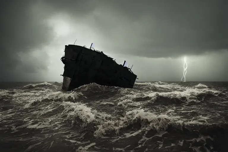 Image similar to danila tkachenko, low key lighting, a ship wreck near an abandoned high soviet apartment building in the middle of the stormy ocean, storm, lighning storm, crashing waves, dramatic lighting