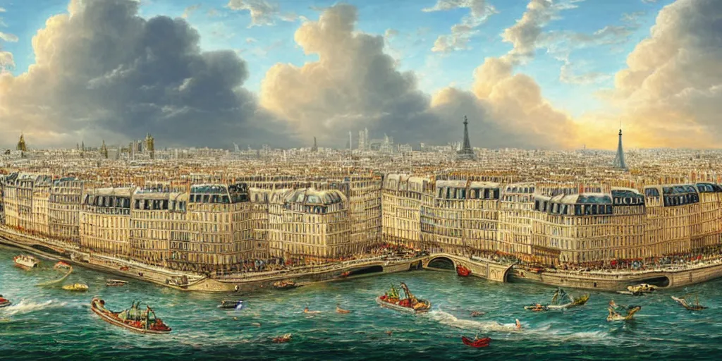 Image similar to master piece stunning digital painting of a parisian small city contained on the top of a giant sea turtle