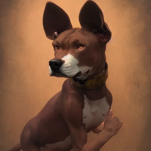 Prompt: furry art of a pitbull dogwoman, full body, titian, sam spratt, maxfield parrish, gustav klimt, tom bagshaw, mark ryden, alphonse mucha, rembrandt, 4 k, 8 k, high details, sharp, dramatic lighting, disney, pixar, dreamworks