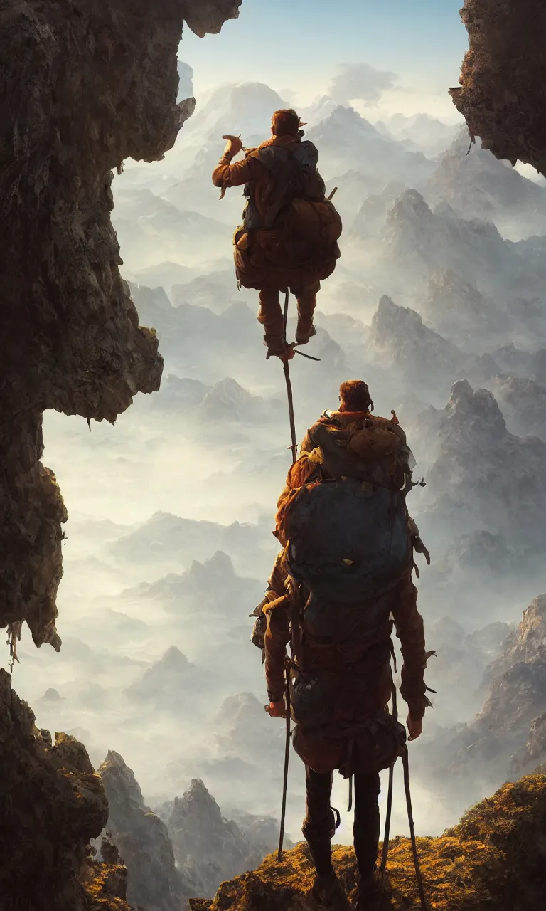 Prompt: an oil art close - up centered adventurer with a leather hiking rucksack on his back looking out to a view from a cliff looking out to a fantasy mountain landscape, 4 k, ultra detail, volumetric lighting, unreal engine, octane render, tom bagshaw, andreas rocha