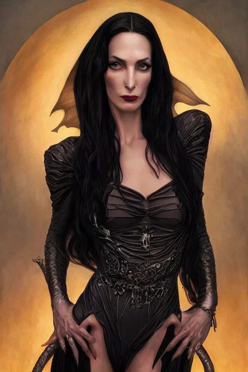 Prompt: ultra realistic illustration, claudia black as morticia addams from baldurs gate and diablo, intricate, elegant, highly detailed, digital painting, artstation, concept art, smooth, sharp focus, illustration, art by artgerm and greg rutkowski and alphonse mucha