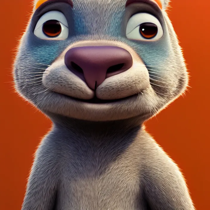 Image similar to portrait of a gray otter with turquoise hair and orange nose in the style of zootopia. volumetric lighting, subsurface scattering, hyperrealistic, octane render, hyperdetailed