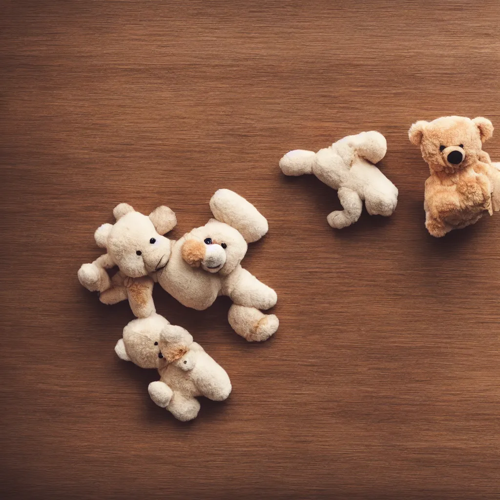 Prompt: top down view with teddy bear on top of wooden table, wallpaper, 4k, photorealistic