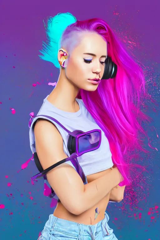 Prompt: a award winning half body portrait of a beautiful woman in a croptop and cargo pants with ombre purple pink teal hairstyle with head in motion and hair flying listenin to music on headphones by wlop, paint splashes and splatter, outrun, vaporware, shaded flat illustration, digital art, trending on artstation, highly detailed, fine detail, intricate