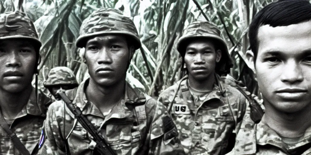 Prompt: u. s. soldiers in 1 9 6 9 in vietnam war, soldiers portrait closeup, face closeup, us flag, jungles in the background, coloured film photography, ken burns photography, lynn novick photography