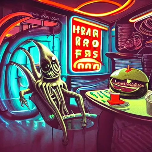 Prompt: hr giger style alien eating a hamburger and fries inside a space station with a neon shop sign in the background, photography