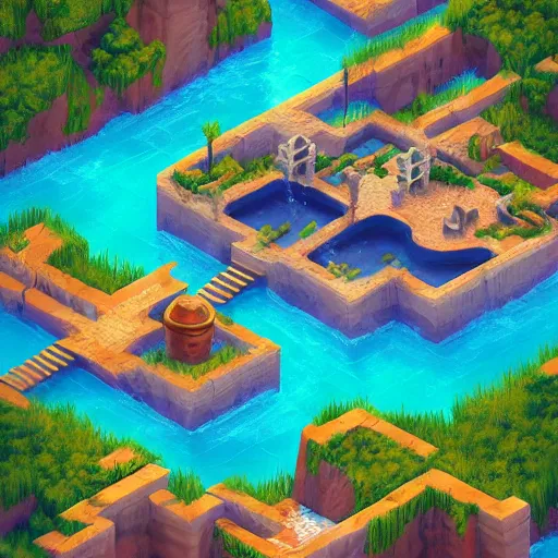 Prompt: isometric webdesign icon for ruins desert oasis with waterfall, 3d render, high details, cinematic, by Artgerm, tooth wu, dan mumford, beeple, wlop, rossdraws, James Jean, Andrei Riabovitchev, Marc Simonetti, yoshitaka Amano, Artstation