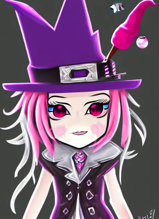 Prompt: a portrait of girl magician, witch hat, pink lipstick, silver magic, fantasy, dungeons and dragons, an ultrafine detailed painting, chibi, detailed painting, boris valejo. octopath traveler decal!!!