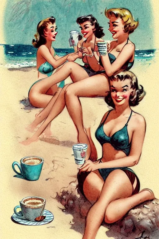 Image similar to 1950s adventure bikini girl drinking coffee with friends, character illustration. muted colors, by Jean-Baptiste Monge