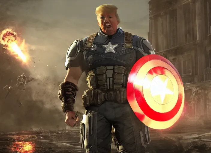 Image similar to trump as captain america in gears of war, splash art, movie still, cinematic lighting, ray tracing, octane render, long lens, shallow depth of field, bokeh, anamorphic lens flare, 8 k, hd, 4 k, hyper detailed, 3 5 mm film grain