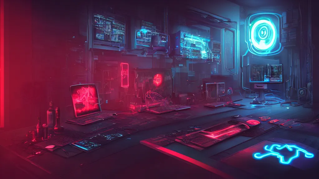 Image similar to a cyberpunk overpowered computer. Overclocking, watercooling, custom computer, cyber, mat black metal, orange neon stripes, alienware, futuristic design, Beautiful dramatic dark moody tones and lighting, Ultra realistic details, cinematic atmosphere, studio lighting, shadows, dark background, dimmed lights, industrial architecture, Octane render, realistic 3D, photorealistic rendering, 8K, 4K, computer setup, intricate details