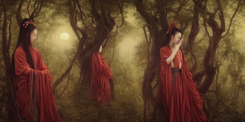 Image similar to wuxia, forest, moonlight, gemma chen, madison beer, angela sarafyan, pinup, intricate beautiful faces, surrealistic painting by agostino arrivabene, vanessa beecroft, anka zhuravleva, mary jane ansell, peter mohbacher, gerald brom