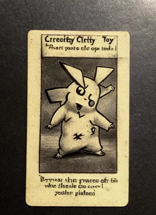 Image similar to creepy pikachu Pokémon card from the 1800s