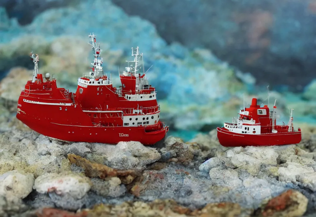 Prompt: red tugboat in ocean diorama, minature, 55mm, cube